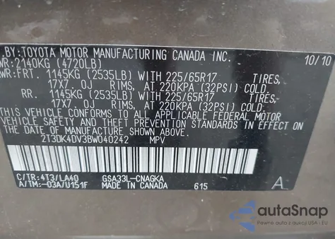 2011 Toyota Rav4 Limited V6 z USA, uszkodzony, nr VIN 2T3DK4DV3BW040242